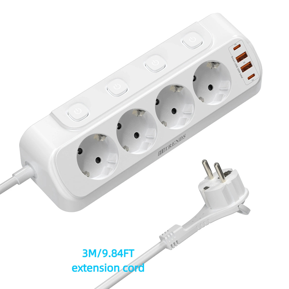 Eu Plug Multi-Function Power Board 2 USB-A and 2 USB-C Fast Charging Power Adapters 2 m Extension Cord Independent Switch White