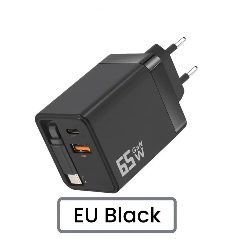 65W GaN PD USB-C Charging Head Fast Charger With Built-in 80cm TypeC Cable Suitable for iPhone16 15 Promax NEW 2025