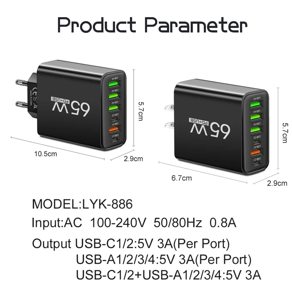 USB C Charger Total 65W Muti 6 Ports Fast Charging QC3.0 Typ