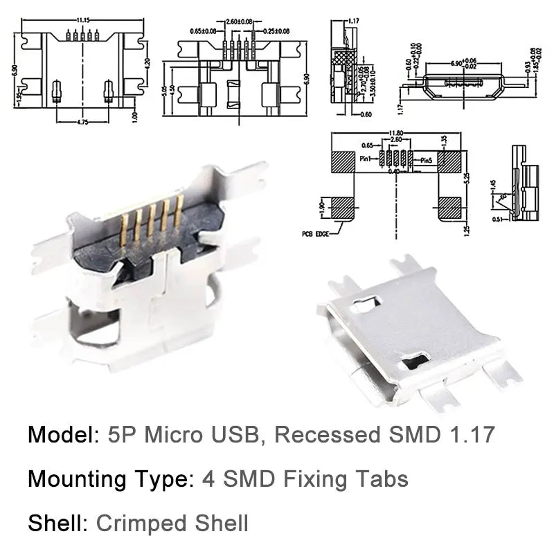 10PCS Micro USB Android Female Charging Socket Flat Edge Crimped Type 5Pin 4 Mounting Pins SMD & DIP Tail Connector