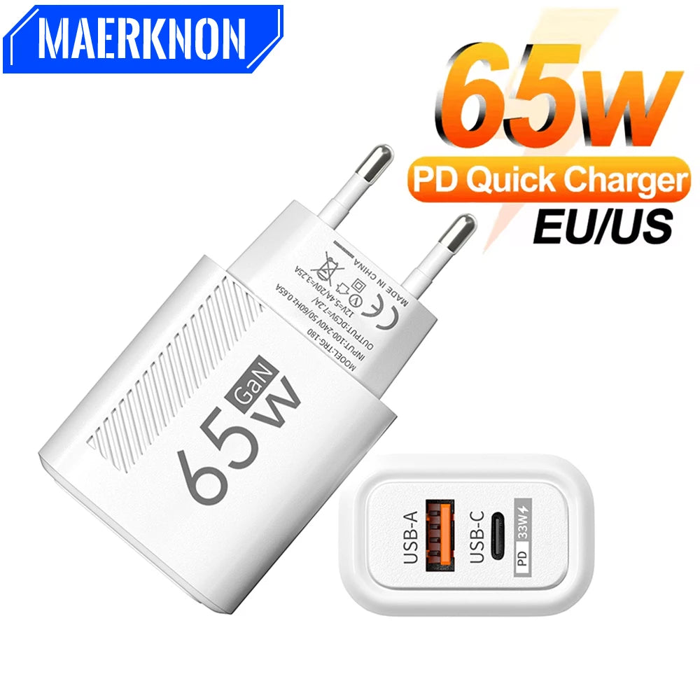 65W GaN USB C Fast Charger QC3.0 EU/US Plug Phone Charger Ad