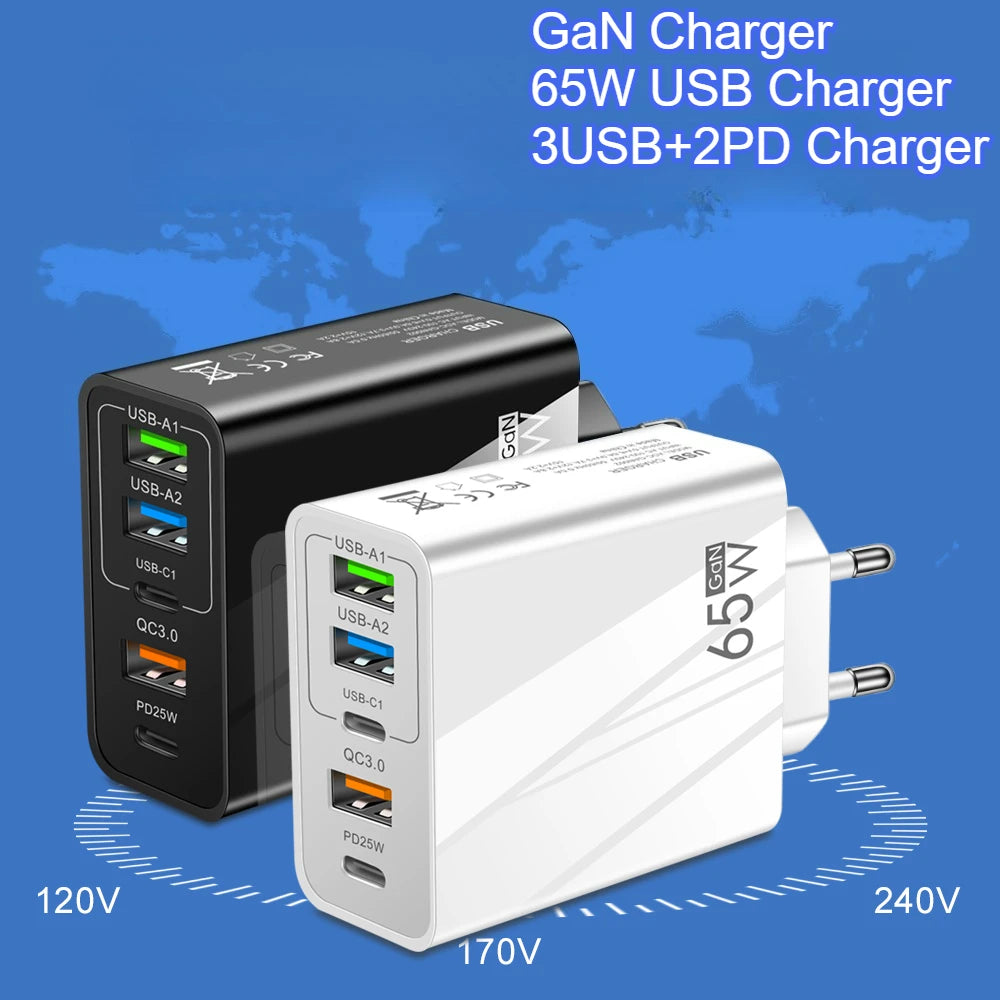 Total 65W Fast Charger PD 20W 5 Ports USB Charger QC 3.0 Pho
