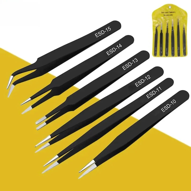 6pcs anti-static stainless steel tweezers set repair repair 