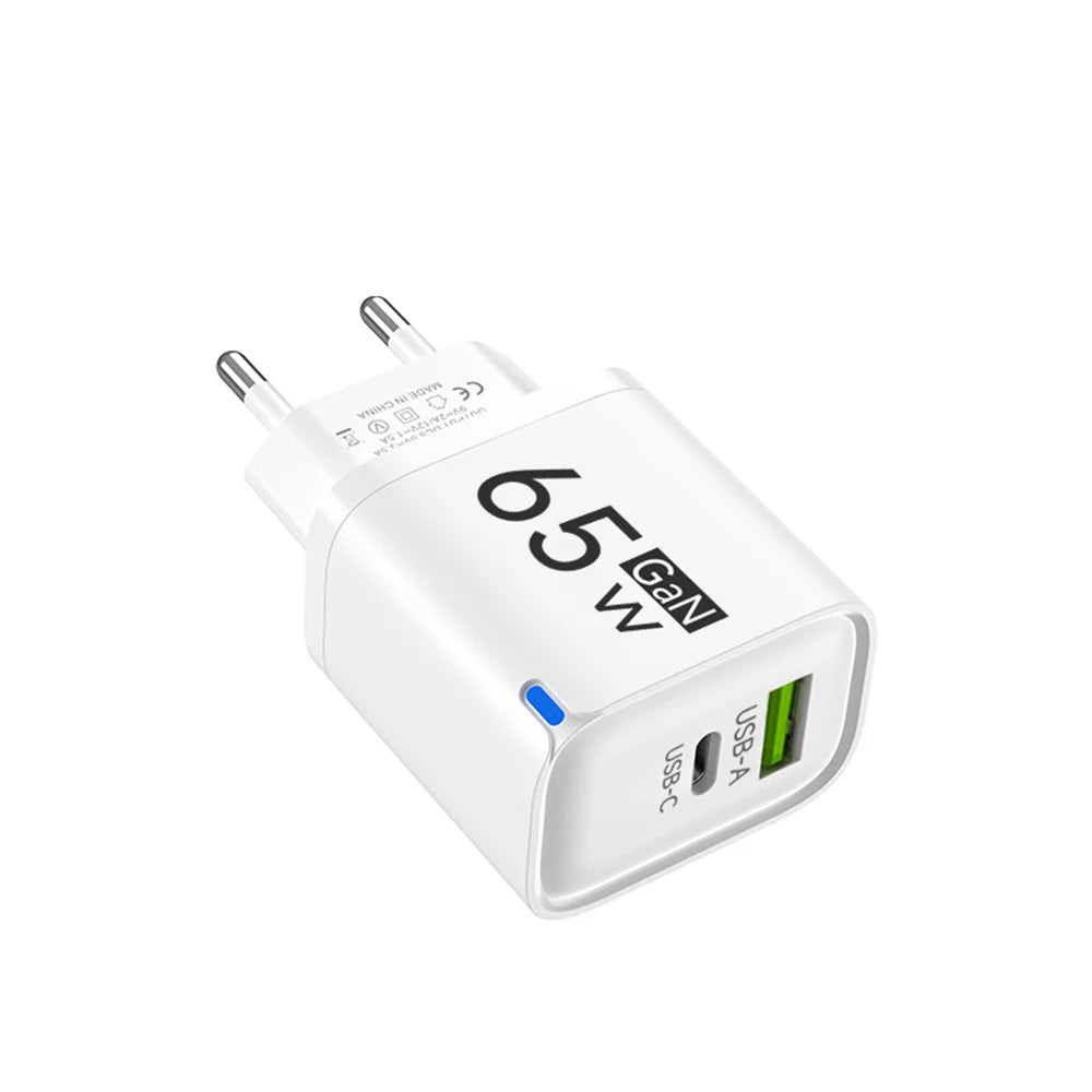 65W GaN USB Charger Type C Fast Charging Mobile Phone Charger Adapter For iPhone 16 15 Samsung Huawei EU/US/UK Plug Wall Charger