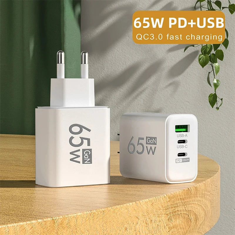GaN Fast Charging 65W USB Type C Charger EU KR US PD 3.0 Qui