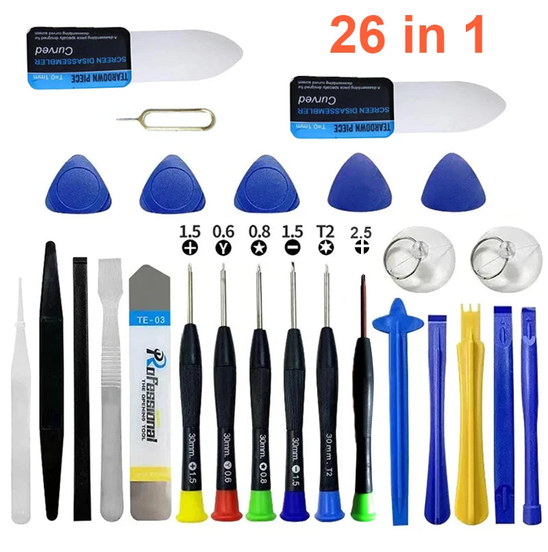Professional 26 in 1 Cell Phone Repair Tool Kits Screwdrivers with Screen Opening Pry Bar Suction Cup for iPhone Samsung Xiaomi
