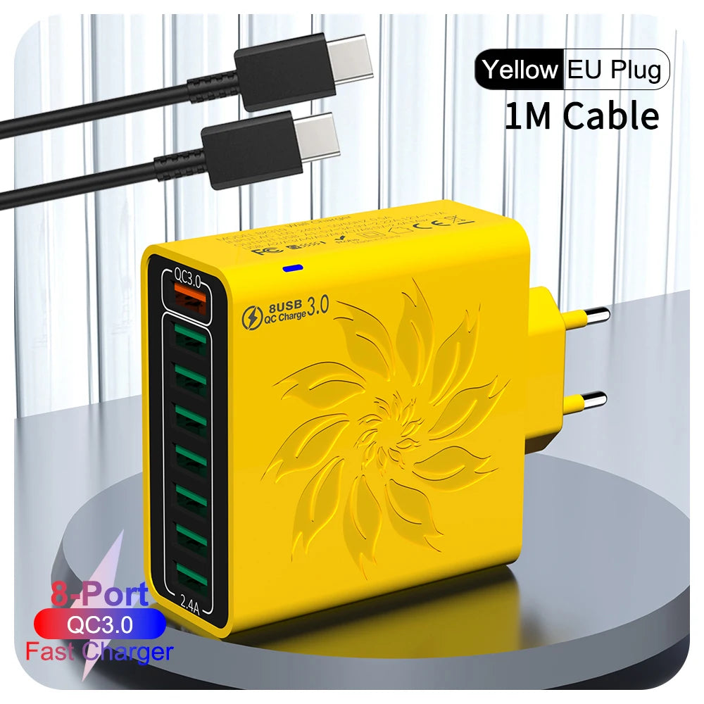 8 Ports USB Charger QC 5.0 Fast Charging EU US KR Plug 65W Fast Charger Power Adapter For iPhone 15 Xiaomi Samsung Wall Charger