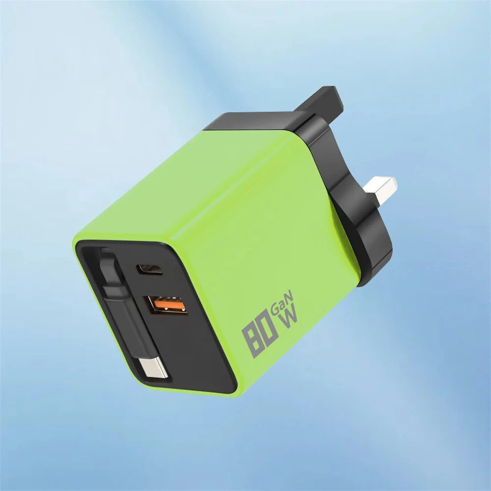 80W GaN USB C Fast Charger Retractable Cable Phone Charger Adapter For iPhone Samsung Xiaomi Huawei EU/US/UK Plug Quick Charger
