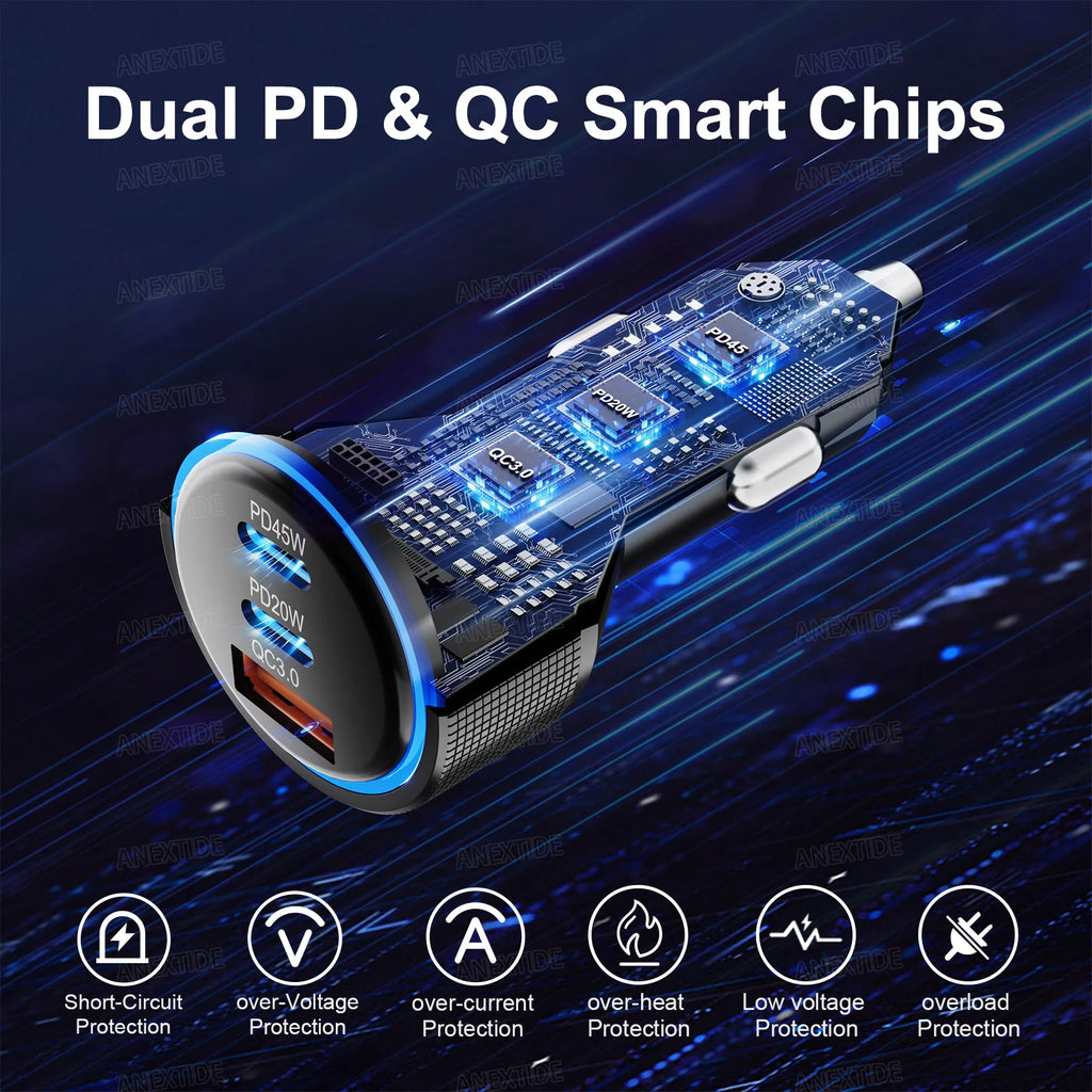 USB C Car Charger 3-Port 67W Dual USB-C & USB-A Car Power Ad