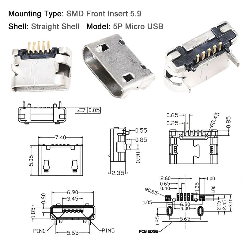 10PCS Micro USB Android Female Charging Socket Flat Edge Crimped Type 5Pin 4 Mounting Pins SMD & DIP Tail Connector