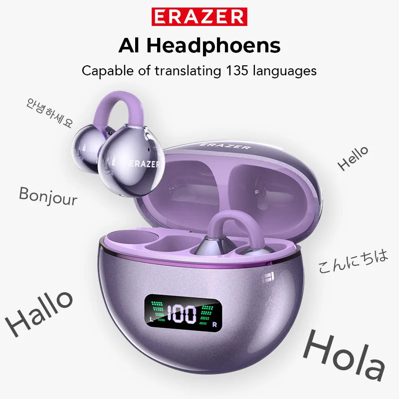 ERAZER XF55 OWS Ear Clip Bluetooth Earbuds AI Translator Open Ear Headphones ENC Noise Cancelling HD Stereo IPX5 Longlife