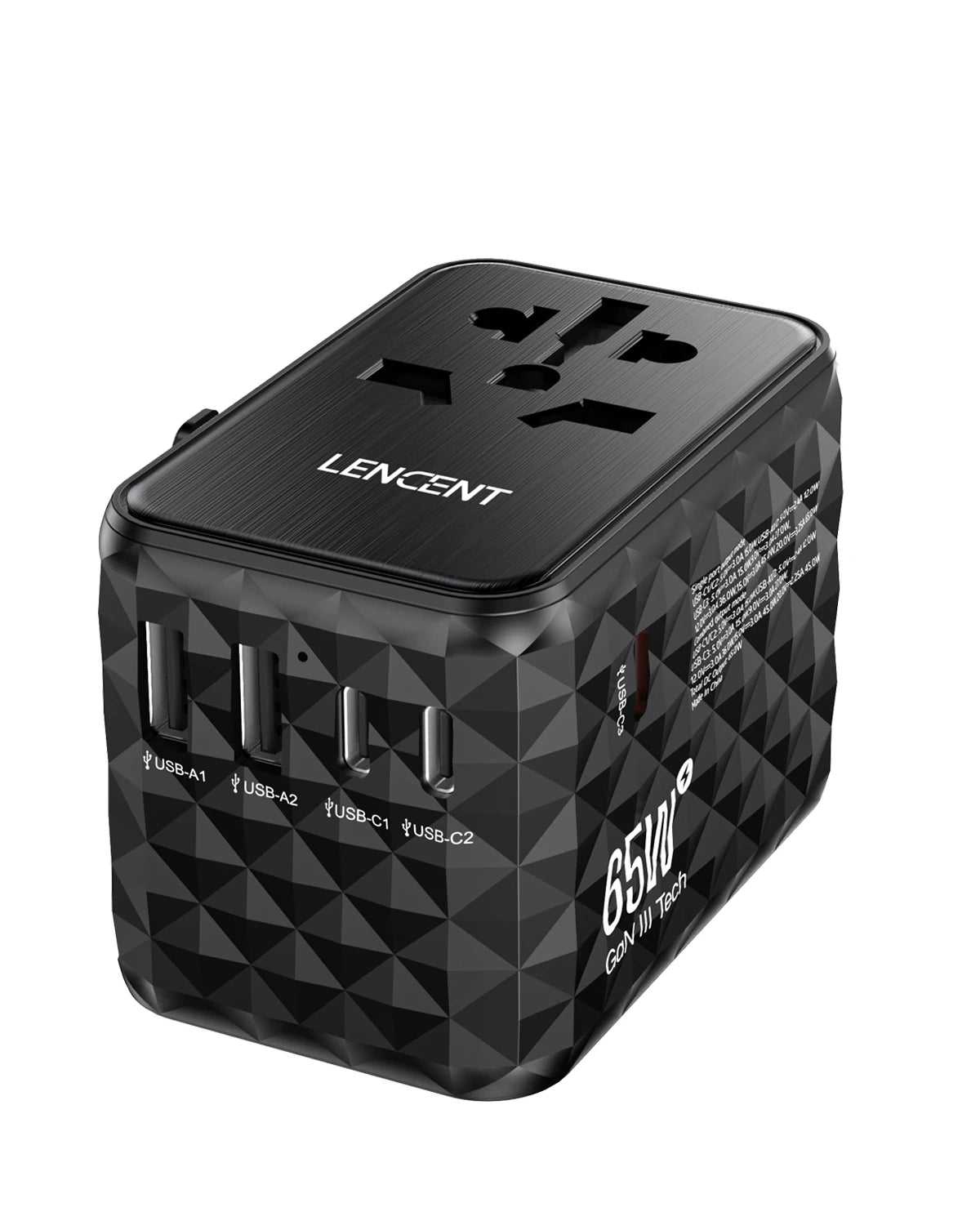 LENCENT 65W GaN Universal Travel Adapter with 2 USB 3 Type C Fast Charging All-in-one Travel Charger EU/UK/USA/AUS for Travel