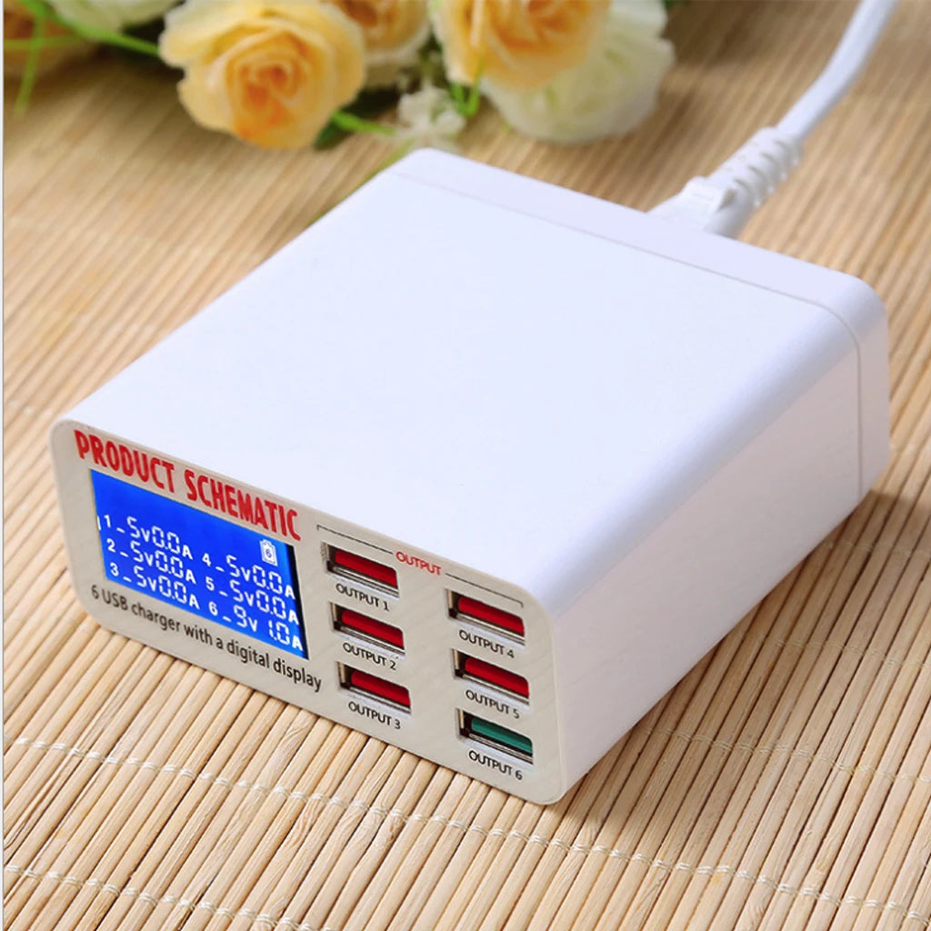 8A QC3.0 USB Charger with LCD Display 6 Ports Desktop Mobile