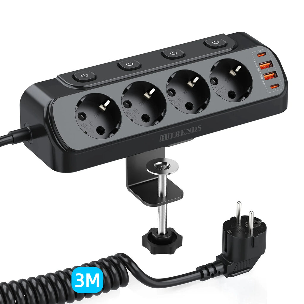EU Plug Multi-Function Power Board 2 USB and 2 Type-C Ports 2 M Spring Extension Cable 4 Switches with Desktop Mounting Bracket
