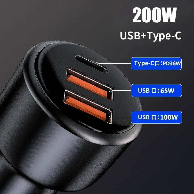 200W USB PD Car Charger 3port Super Fast Charger2.0 100W 65W