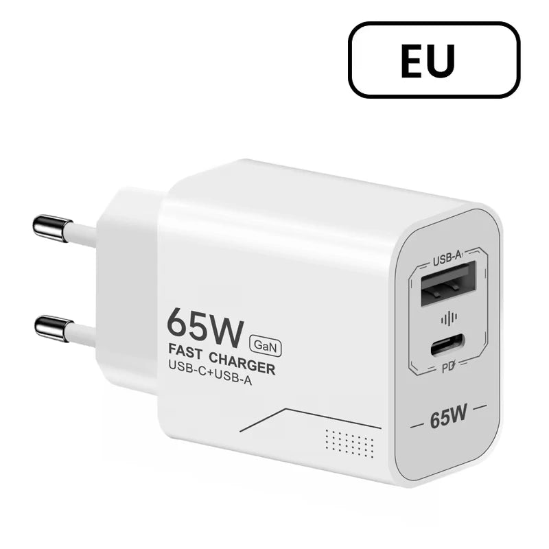 New 65W GaN USB C Charger 2-Port Fast Charging Charger Power Adapter For iPhone Samsung Xiaomi Type C EU/US Plug Wall Charger