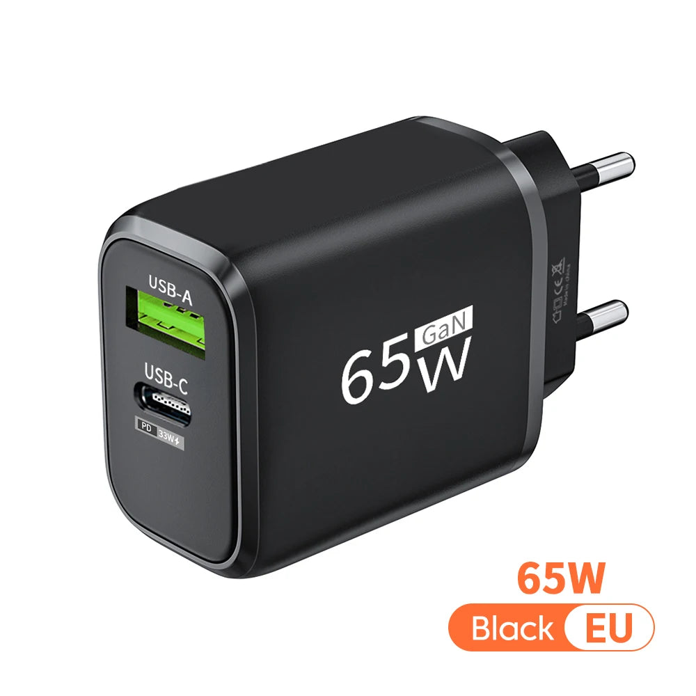 2 in 1 USB C GaN Charger 65W Fast Charging Adapter 10A USB To Type C Data Cable PD + USB QC3.0 Charger for iPhone Samsung Xiaomi