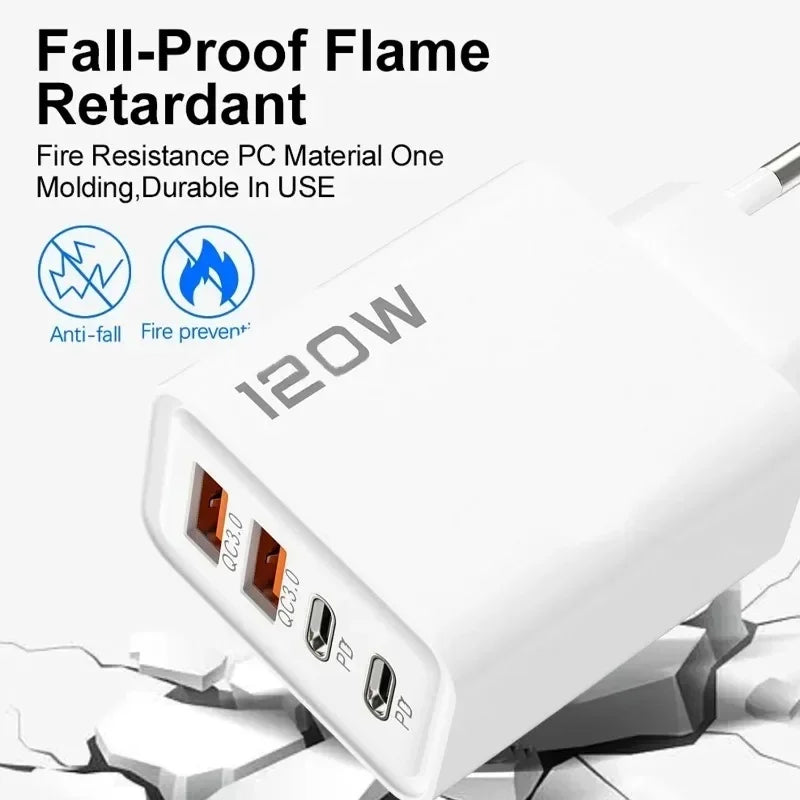 4 Port 120W USB C Fast Charger Station PD QC3.0 Wall Adapter