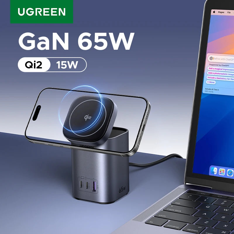 UGREEN GaN 65W Desktop Charger Qi2 15W Magnetic Wireless Cha