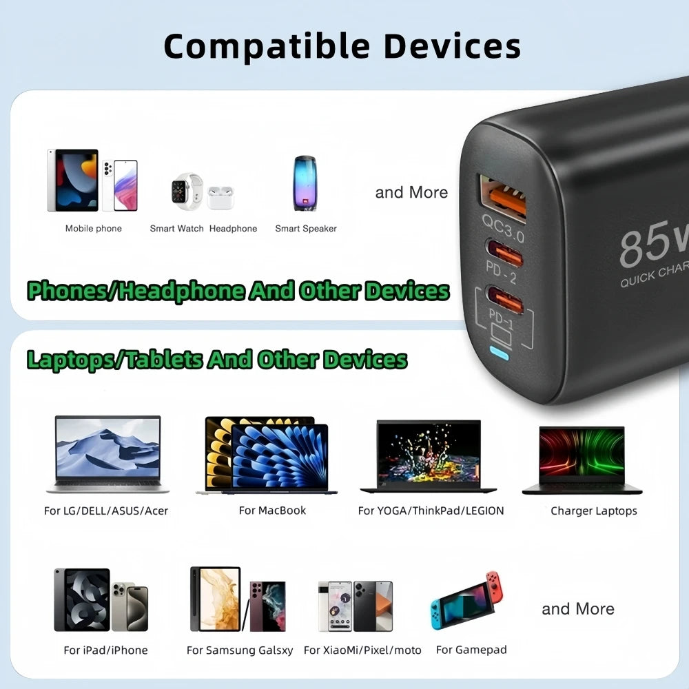 Real 85W GaN Type C Charger USB QC3.0 For Laptop Ipad PPS PD