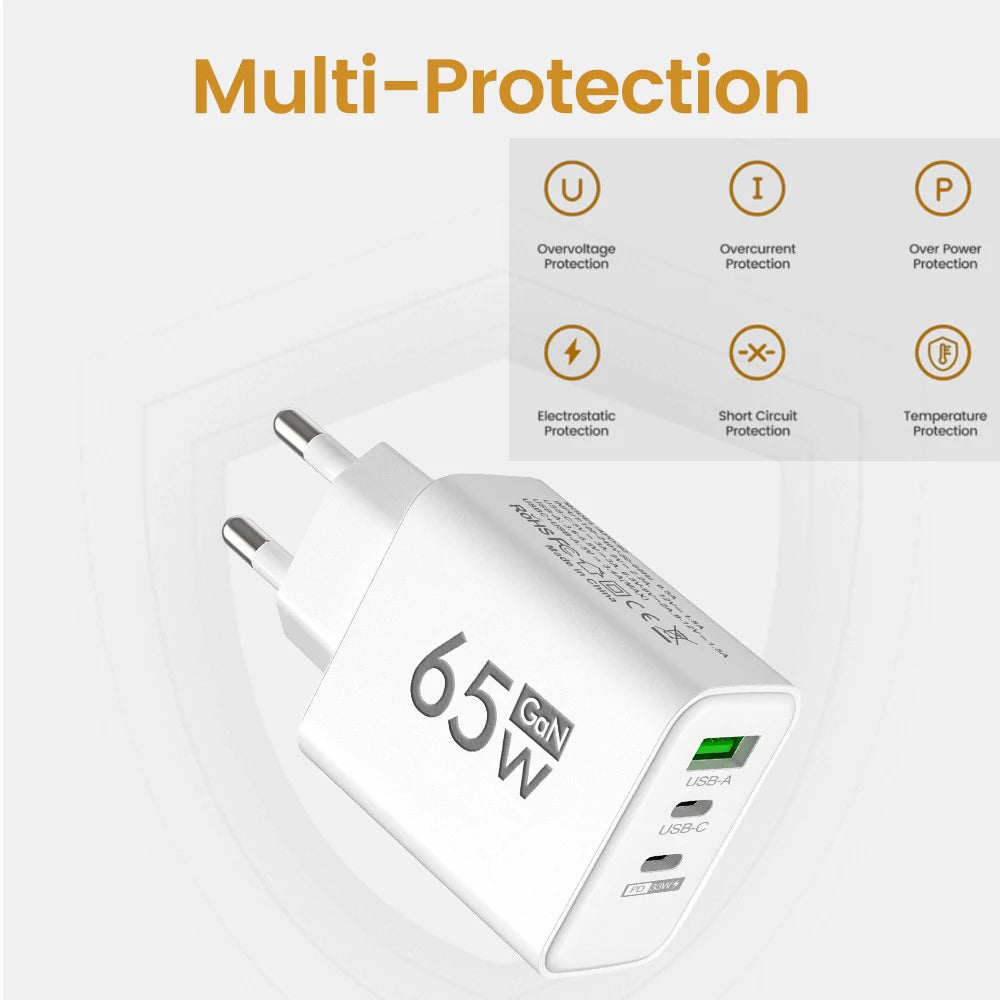 65W GaN USB C PD Fast Charger QC 3.0 Wall Adapter for iPhone