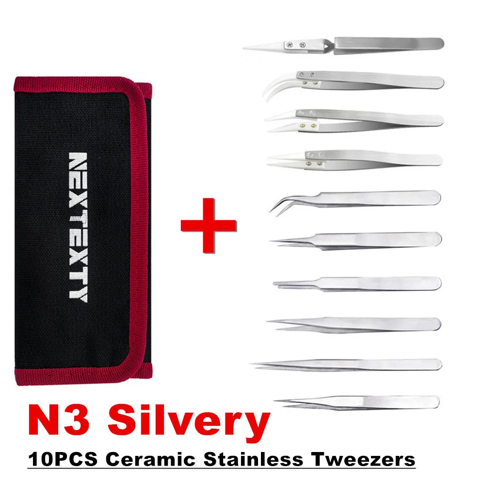 10Pcs Tweezers Set With Bag Industrial Electronic ESD Stainless Steel Anti-Static Precision Tweezer Kits Phone Repair Hand Tools