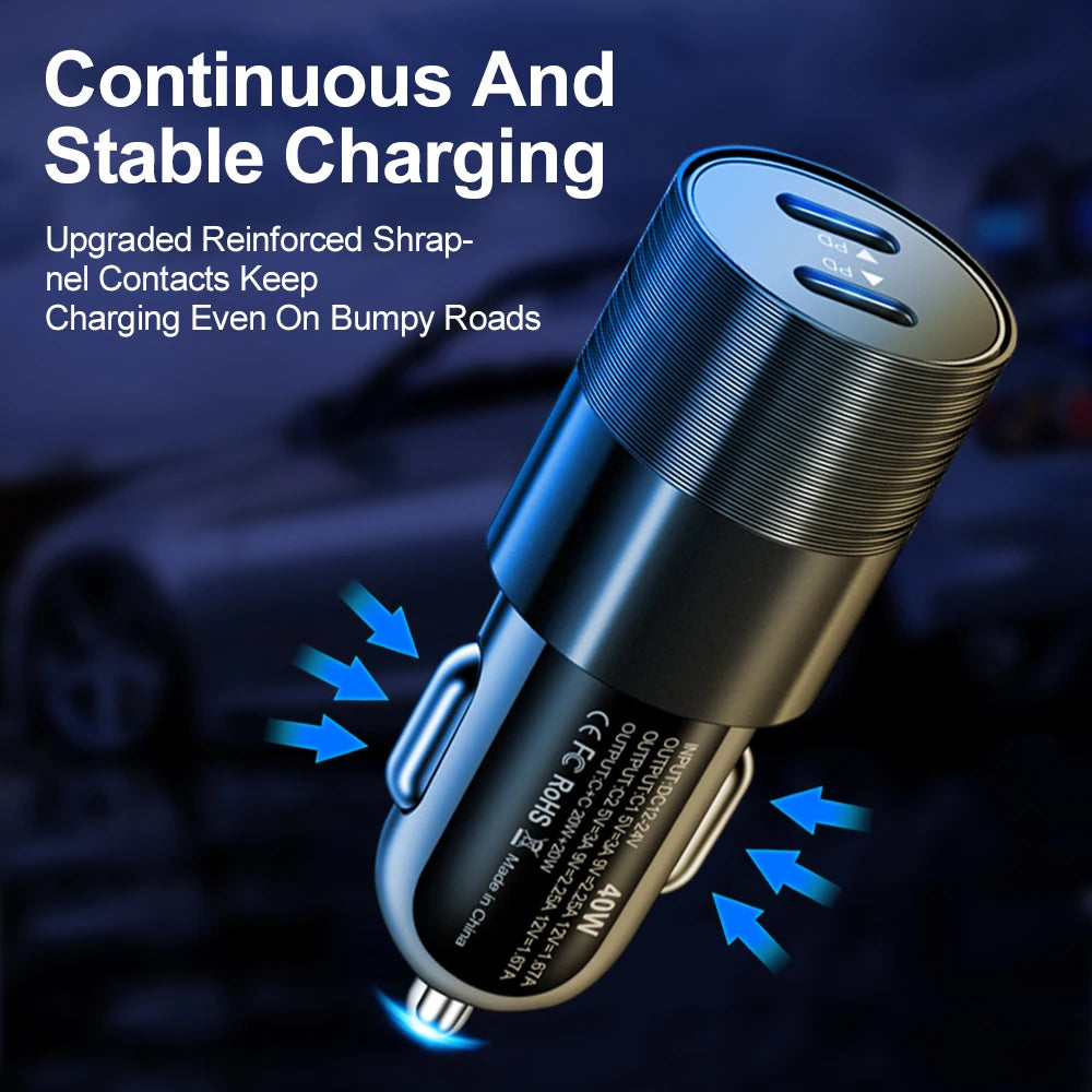 PD Car Charger Adapter 40W Fast Charging Type C USB PD Quick