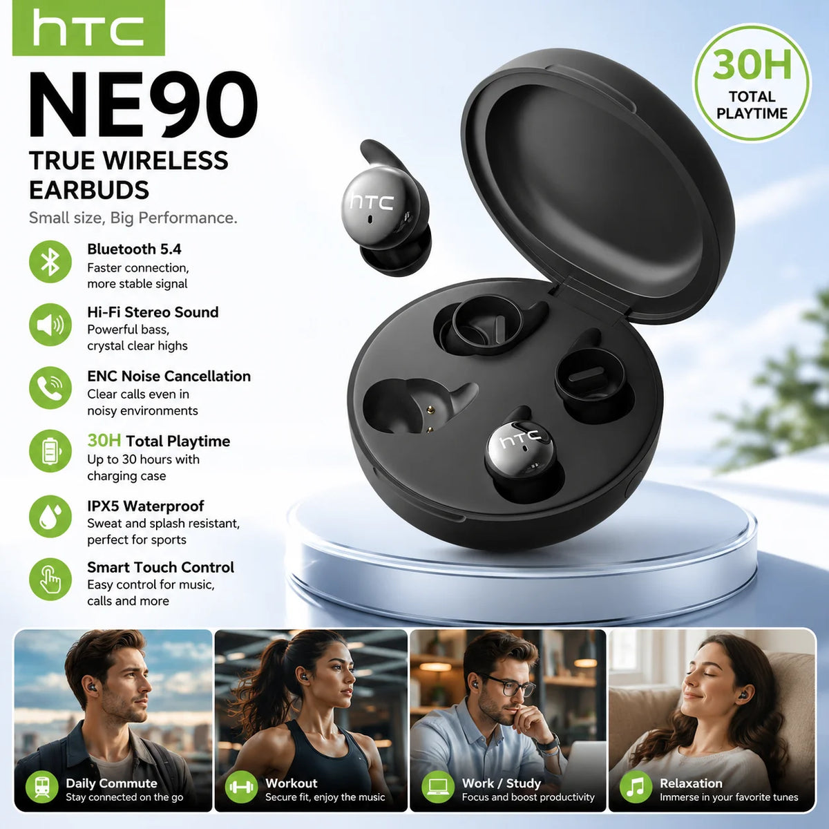 HTC NE90 Wireless Bluetooth Sleep Headphones Long Battery Sl