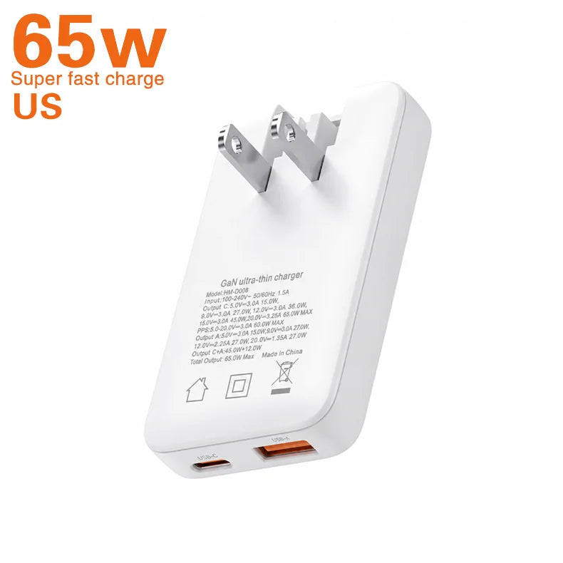 TINSOL PD 65W Ultra-thin Gallium Nitride Charger US/EU/KR/UK USB-C Dual-Port Fast Charging Head with Multi-country Travel Plugs