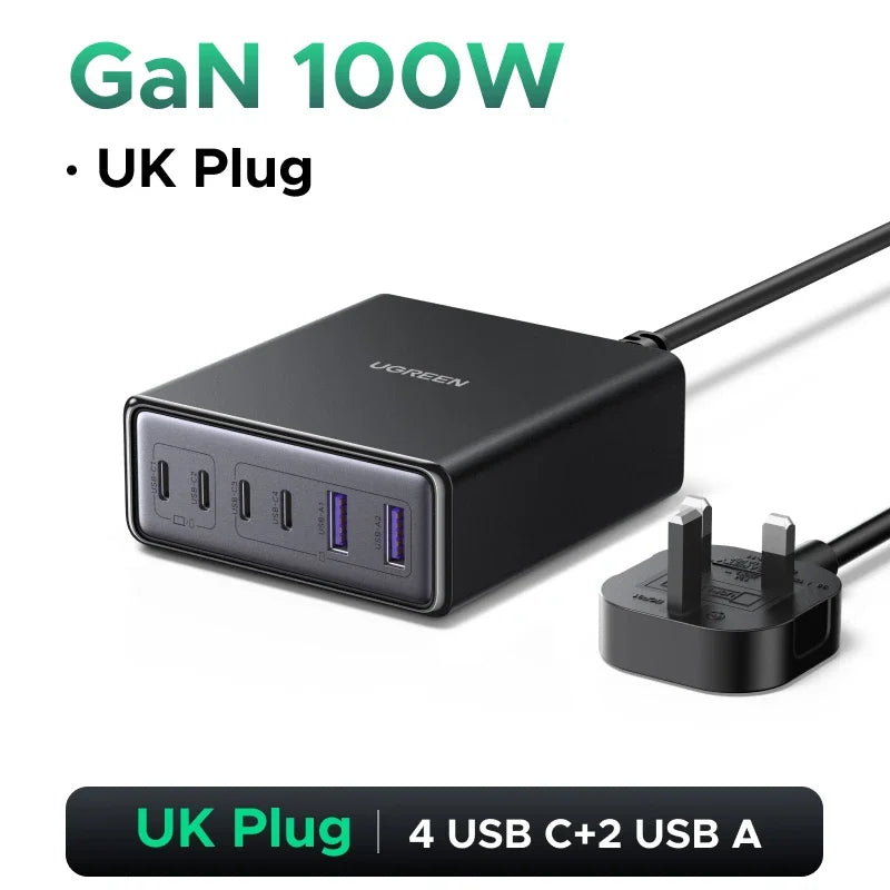 UGREEN 100W 65W GaN Charger 6 in 1 Desktop Laptop Fast Charger For iPhone 17 16 15 14 Pro Max Macbook Air iPad Samsung Xiaomi