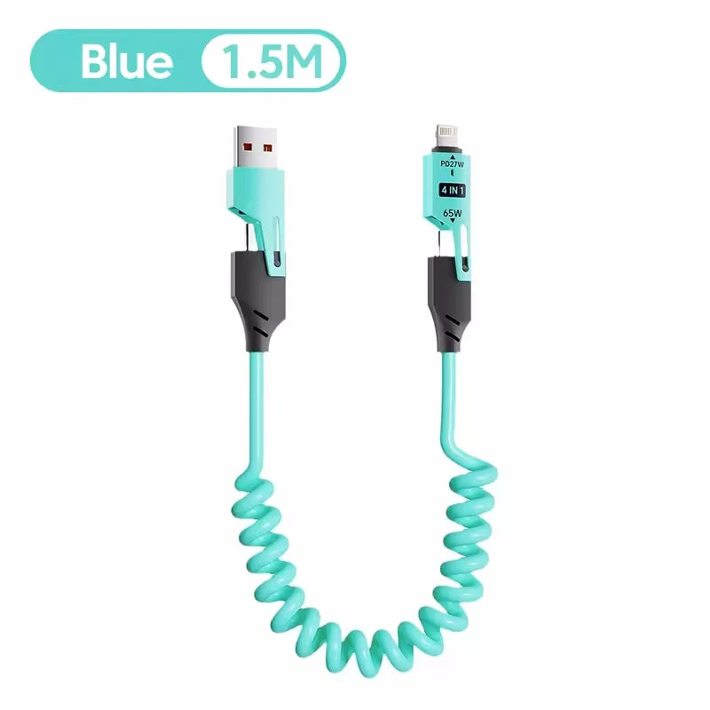 65W Quick Charger Spring USB Cable 4 in 1 Spring Data Cable 6A USB Type C Spring Telescopic Wire for iPhone iPad MacBook Huawei