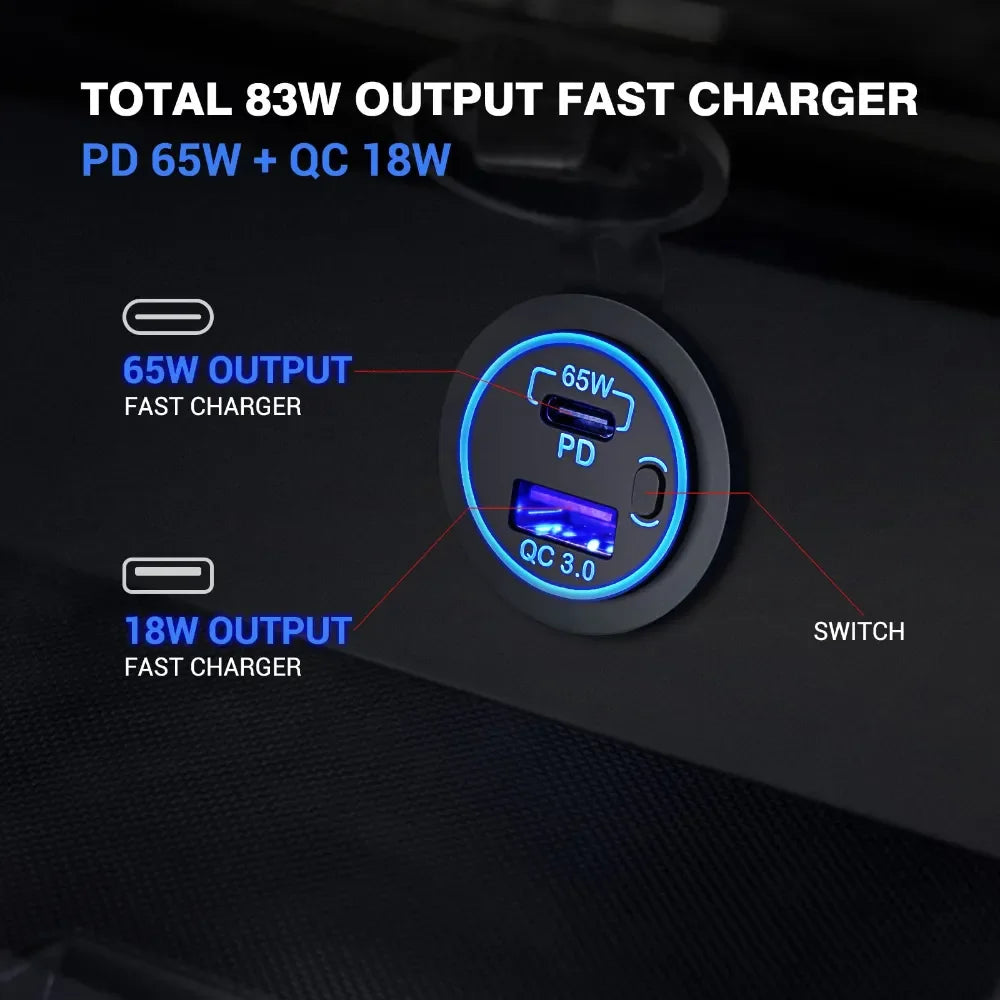 83W 12V USB Outlet Laptop Charger 65W USB-C PD3.0 & 18W QC3.