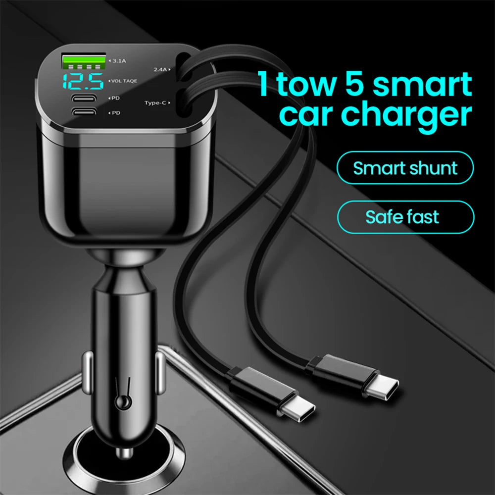 Elough Retractable Car Charger 5 in 1 Fast Charging Car Char