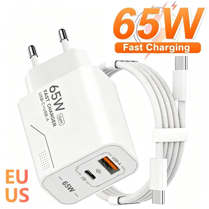 65W PD USB C Fast Charging Charger 2-Port Phone Charger Powe