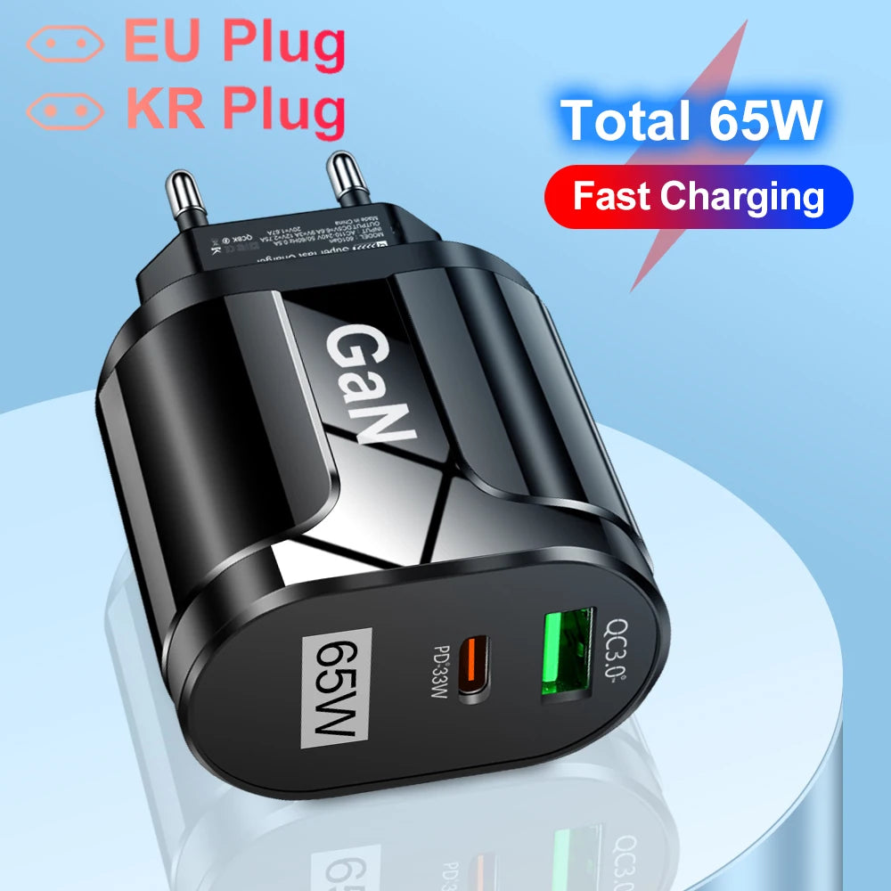 65W GaN USB C Charger Quick Charge Korea EU US Plug PD USB-C