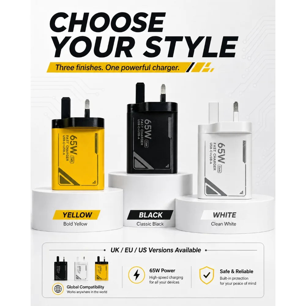 65W GAN Pattern Multi Port Travel Fast Charger Black Yellow 