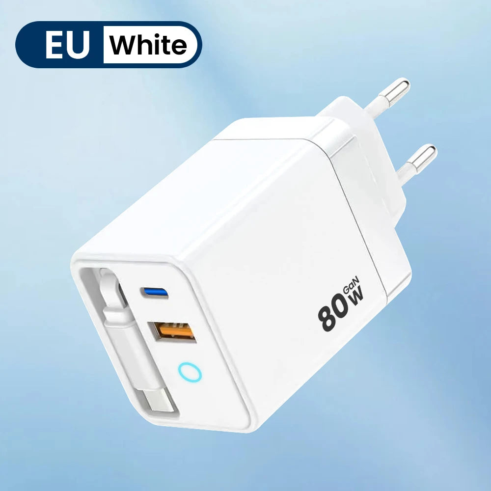 80W USB Charger with Retractable Type C Cable USB C Charger for iPhone 16 15 Huawei iPad Laptop Type C Mobile Phone Fast Charger