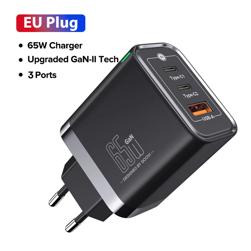 QOOVI 65W GaN Charger USB Type C Fast Charging Quick Charge 4.0 Adapter USB-C PD Charger For Samsung Xiaomi Macbook iPhone ipad