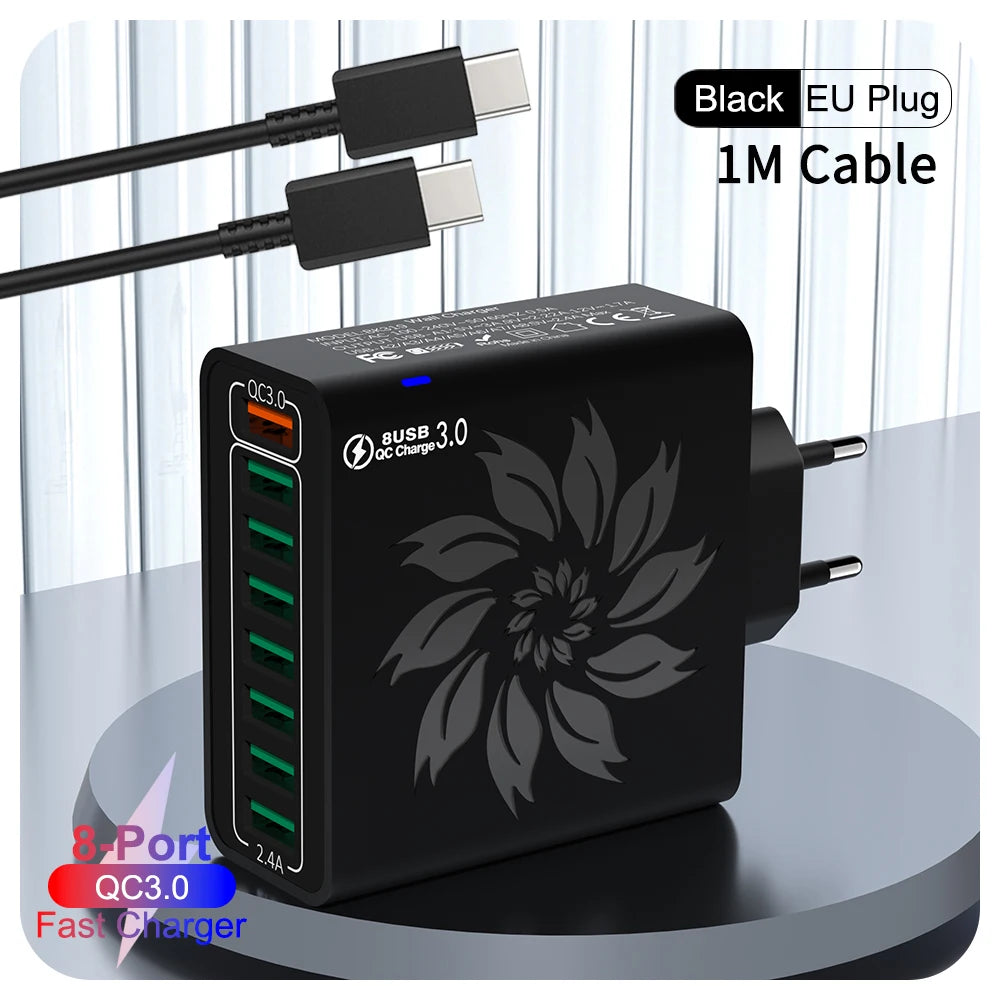 8 Ports USB Charger QC 5.0 Fast Charging EU US KR Plug 65W Fast Charger Power Adapter For iPhone 15 Xiaomi Samsung Wall Charger