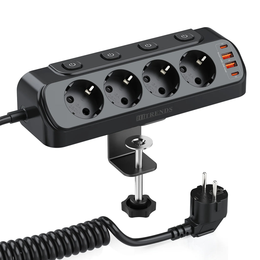 EU Plug Multi-Function Power Board 2 USB and 2 Type-C Ports 2 M Spring Extension Cable 4 Switches with Desktop Mounting Bracket