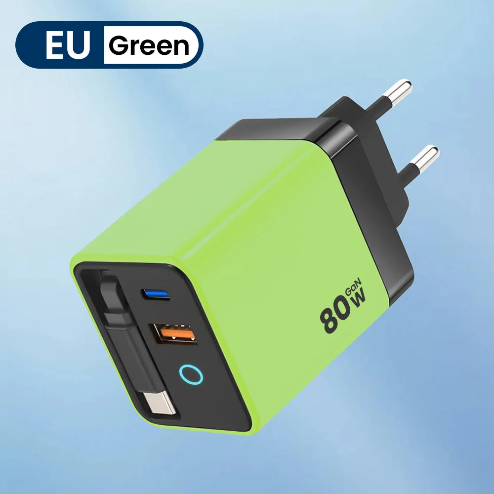 80W USB Charger with Retractable Type C Cable USB C Charger for iPhone 16 15 Huawei iPad Laptop Type C Mobile Phone Fast Charger