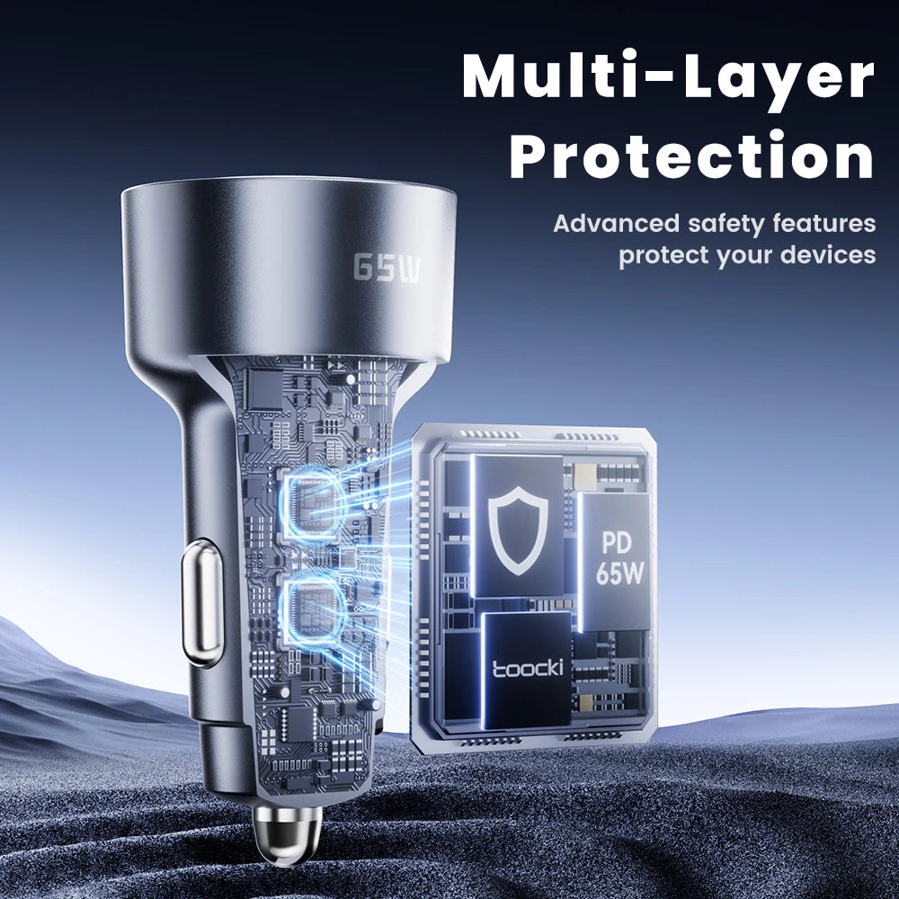 Toocki 65W USB Car Charger Type C 3 Ports Fast Charge PPS PD