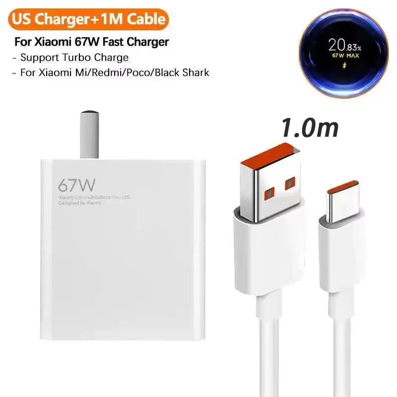 67W Xiaomi Turbo EU US Charger With 1M 6A Usb Type C Cable For Poco X5 X4 F5 Pro Mi 13 12 11 Lite Redmi Mix Fold 3 2