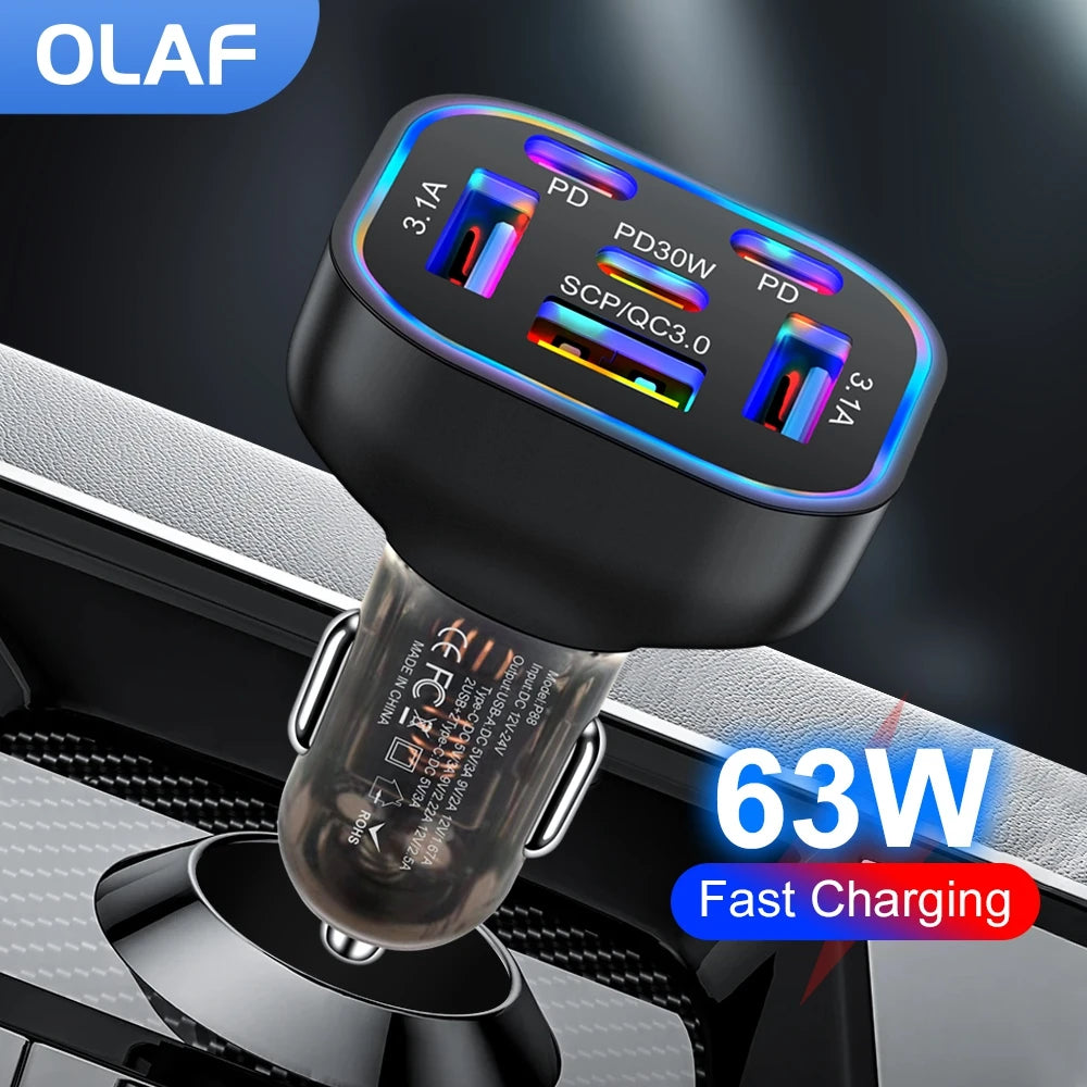 Olaf 3A+3C 63W Car USB Charger 6 Ports Fast Charging Type C 