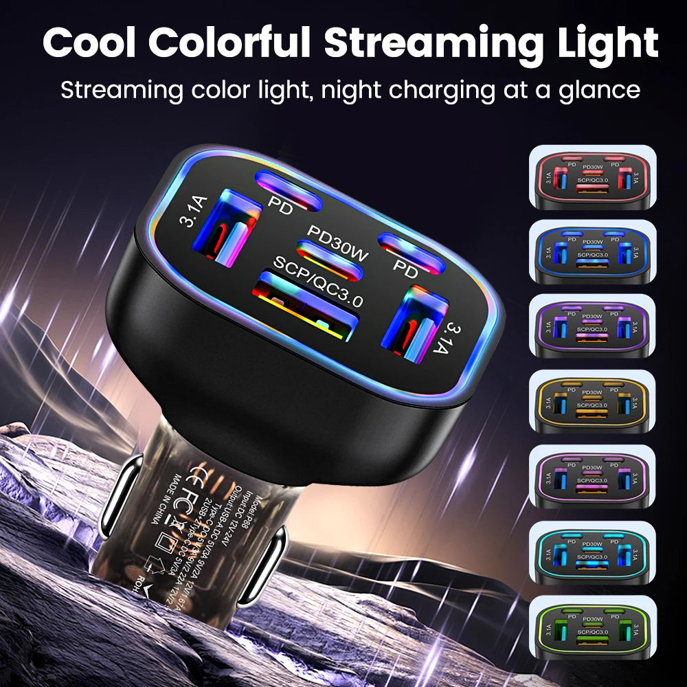 Olaf 3A+3C 63W Car USB Charger 6 Ports Fast Charging Type C 