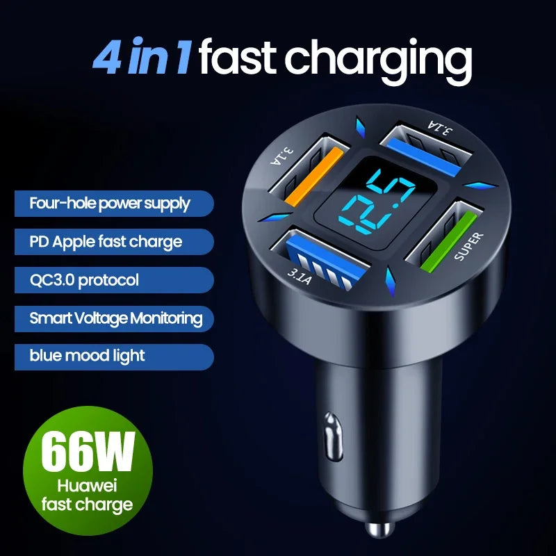 PD Quick Car Charger QC3.0 2.4A 4 Ports USB Fast Charging Ca