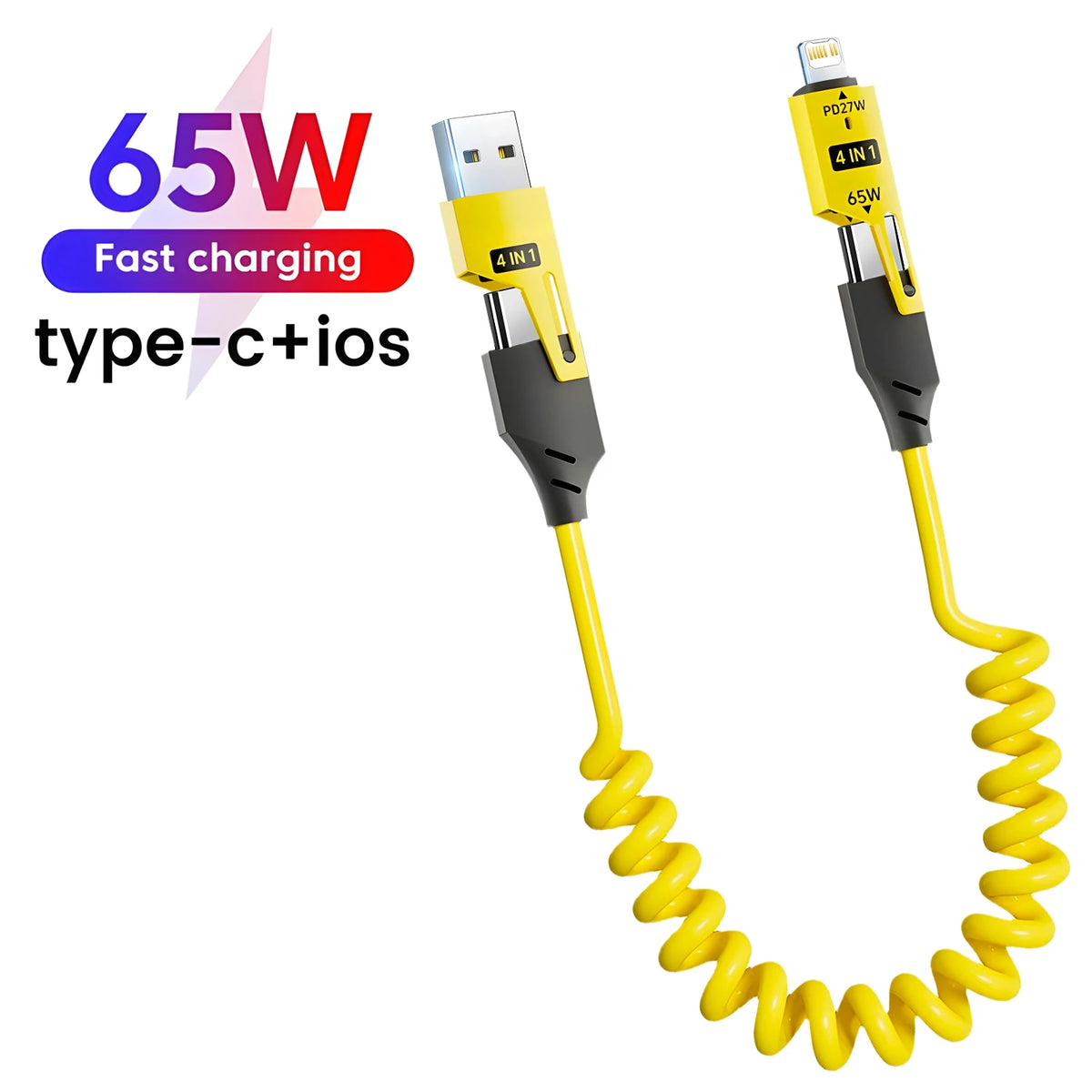 65W 4 in 1 Spring Short Data Cable 6A USB Type C Spring Tele