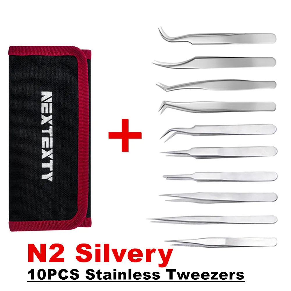 10Pcs Tweezers Set With Bag Industrial Electronic ESD Stainless Steel Anti-Static Precision Tweezer Kits Phone Repair Hand Tools
