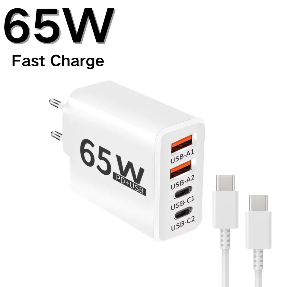 65W Multi-Port Fast Charging Adapter Dual USB-A Type C PD Wa