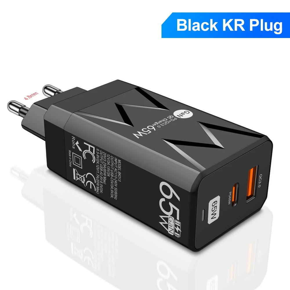 PD 65W GaN Charger for Ipad Laptop USB Type C Super Fast Charging QC3.0 Adapter Notebook Tablet PC for Macbook Huawei Matebook